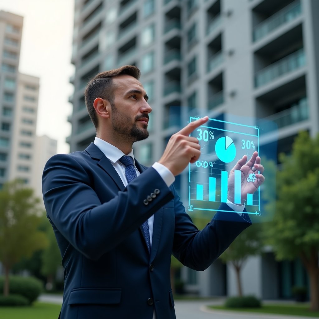 (Ultra-realistic condominium manager in a dark blue suit, set in a modern luxury condominium environment with high-rise buildings and lush green landscaping, mid shot of the manager analyzing and pointing at a floating holographic chart showing a 30% cost reduction, confident and optimistic expression, holographic pie charts and bar graphs symbolizing financial efficiency, cinematic lighting, shallow depth of field, highly detailed textures, realistic skin, photographic realism, 8k resolution --ar 1:1 --v 6)