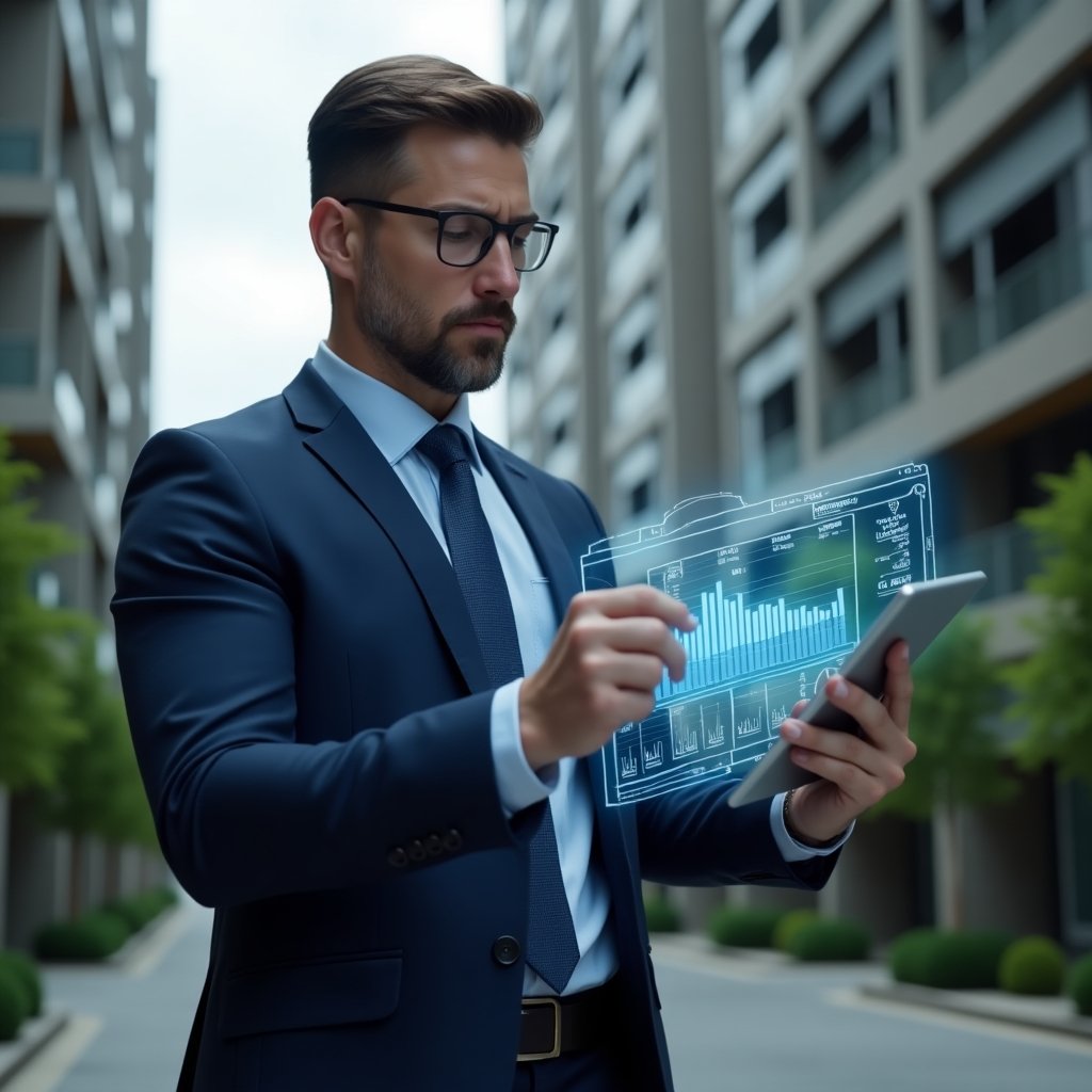 Ultra-realistic condominium manager in a navy blue suit, set in a modern luxury condominium environment with high-rise buildings and manicured greenery, medium close-up of a confident manager analyzing holographic budget charts projected from a tablet, a translucent blueprint overlay and a cost-saving icon floating beside, cinematic lighting, shallow depth of field, highly detailed textures, realistic skin, photographic realism, 8k resolution --ar 1:1 --v 6