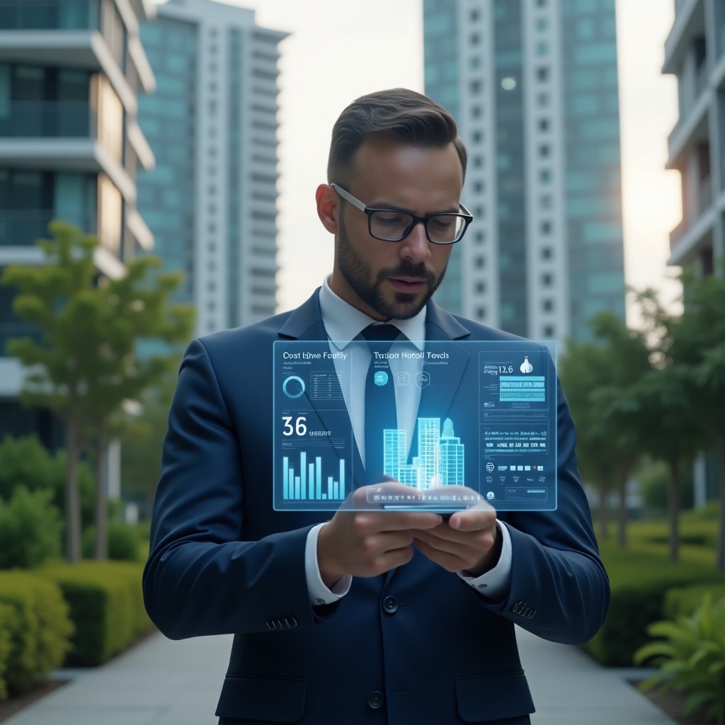 Ultra-realistic condominium manager in a navy blue suit, set in a modern luxury condominium environment with high-rise buildings and lush green landscaping, mid-shot reviewing a holographic financial dashboard displaying cost-saving charts and building icons, focused and confident expression, cinematic lighting, shallow depth of field, highly detailed textures, realistic skin, photographic realism, 8k resolution --ar 1:1 --v 6