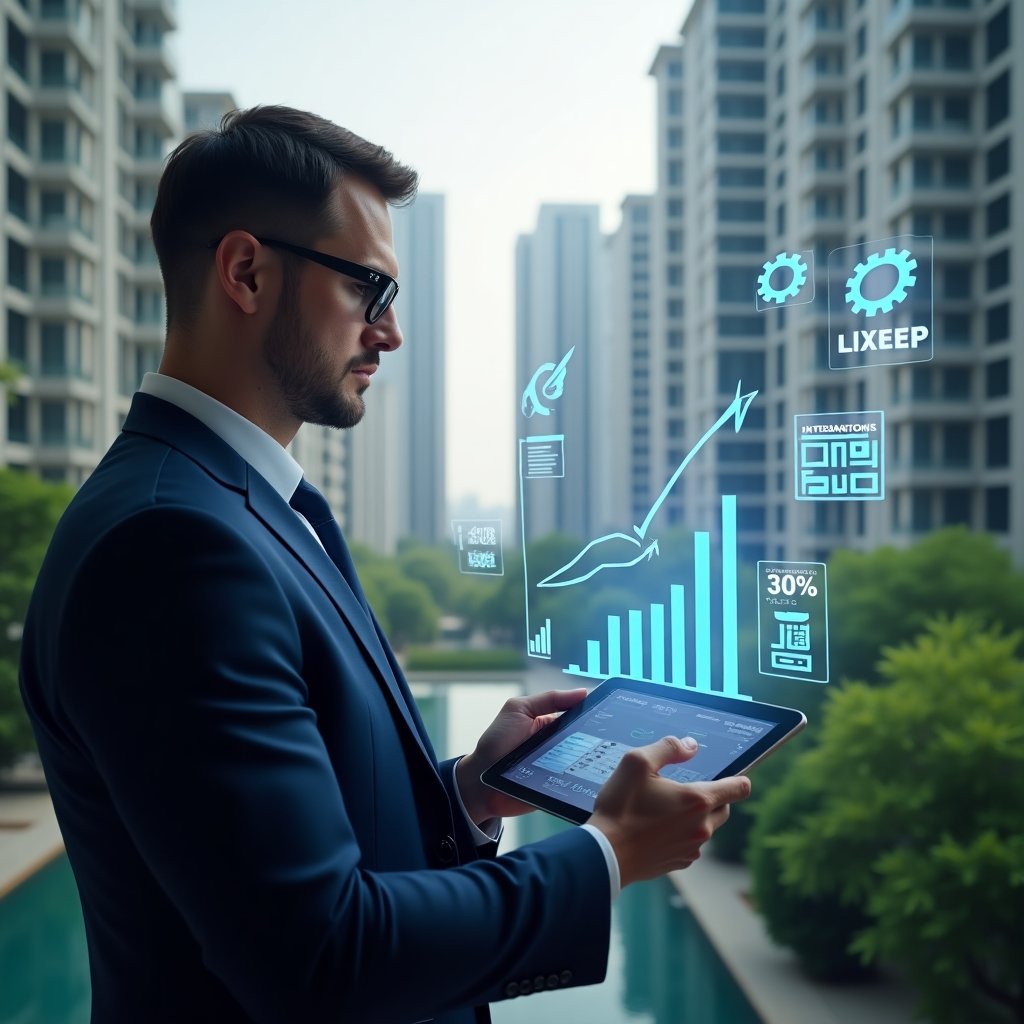 Ultra-realistic condominium manager in a navy blue suit, set in a modern luxury condominium environment with high-rise buildings and lush green landscaping, analyzing a transparent holographic chart showing a 30% cost reduction graph, holding a tablet displaying digital planning tools, surrounded by floating icons of contracts and gears symbolizing optimization, confident and focused expression, cinematic lighting, shallow depth of field, highly detailed textures, realistic skin, photographic realism, 8k resolution --ar 1:1 --v 6