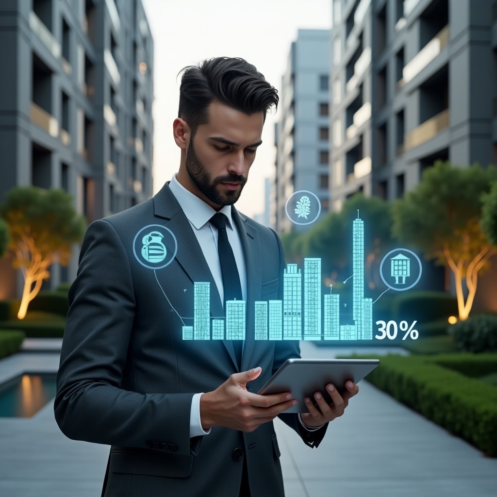 (Ultra-realistic condominium manager in a charcoal gray suit, set in a modern luxury condominium environment with high-rise buildings and manicured gardens, examining floating holographic financial graphs showing a “-30%” savings symbol, holding a sleek tablet displaying budget charts, confident and focused expression, money and building icons subtly integrated around the hologram, cinematic lighting, shallow depth of field, highly detailed textures, realistic skin, photographic realism, 8k resolution --ar 1:1 --v 6)