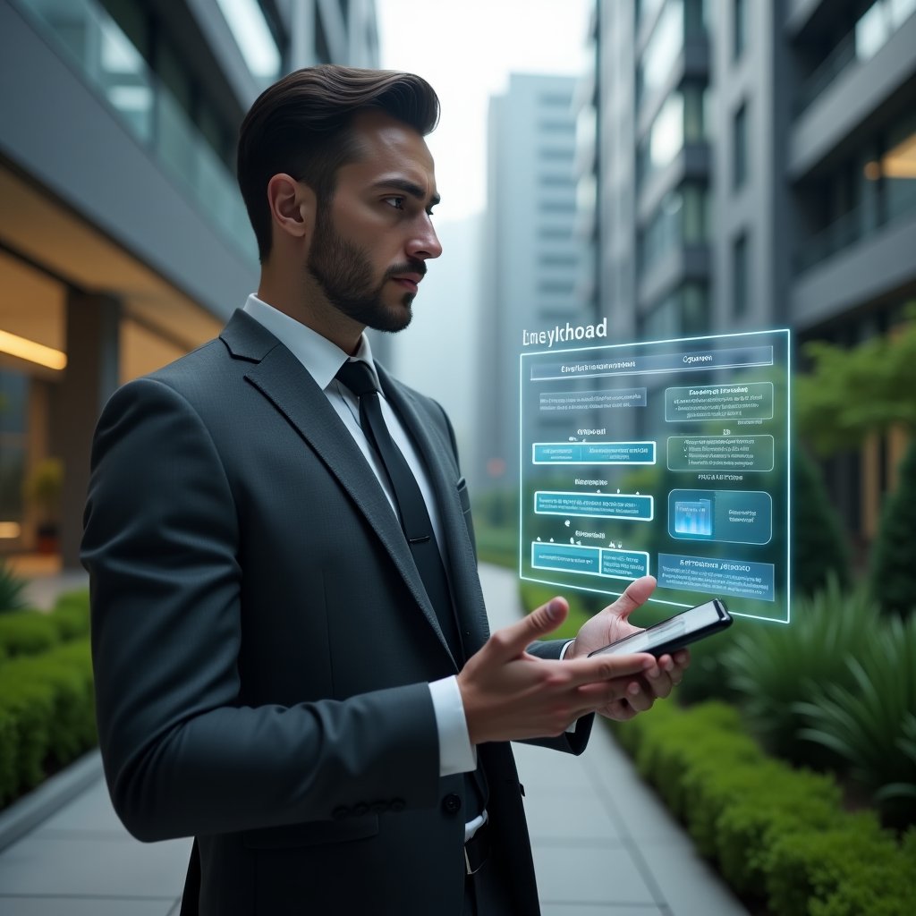 (Ultra-realistic condominium manager in a charcoal gray tailored suit, set in a modern luxury condominium environment with high-rise buildings and manicured green landscaping, reviewing a floating holographic dashboard displaying five streamlined process steps and efficiency charts, confident and focused expression, cinematic lighting, shallow depth of field, highly detailed textures, realistic skin, photographic realism, 8k resolution --ar 1:1 --v 6)