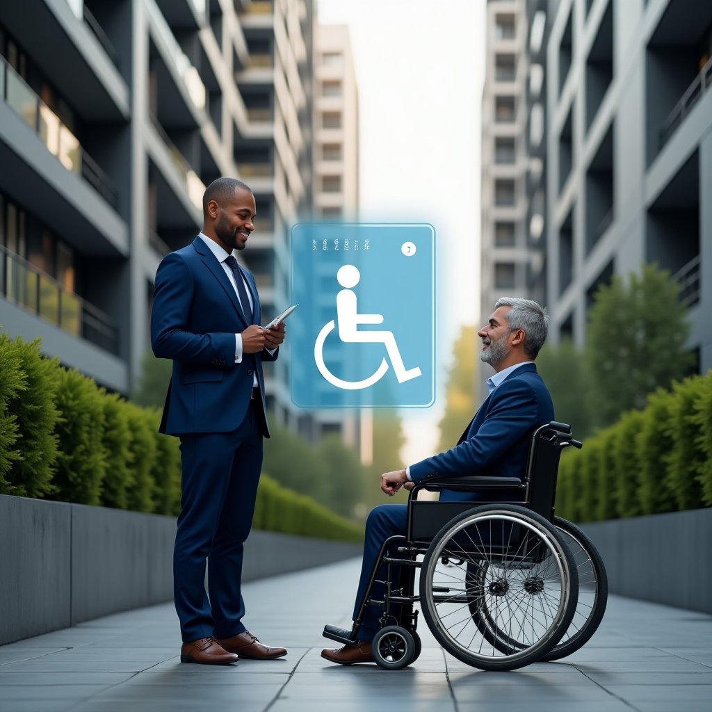 (Ultra-realistic condominium manager in a navy executive suit, set in a modern luxury condominium environment with high-rise buildings and manicured greenery, standing beside an accessible ramp while smiling supportively at a resident in a wheelchair, a semi-transparent holographic wheelchair icon and braille signage floating beside them, cinematic lighting, shallow depth of field, highly detailed textures, realistic skin, photographic realism, 8k resolution --ar 1:1 --v 6)