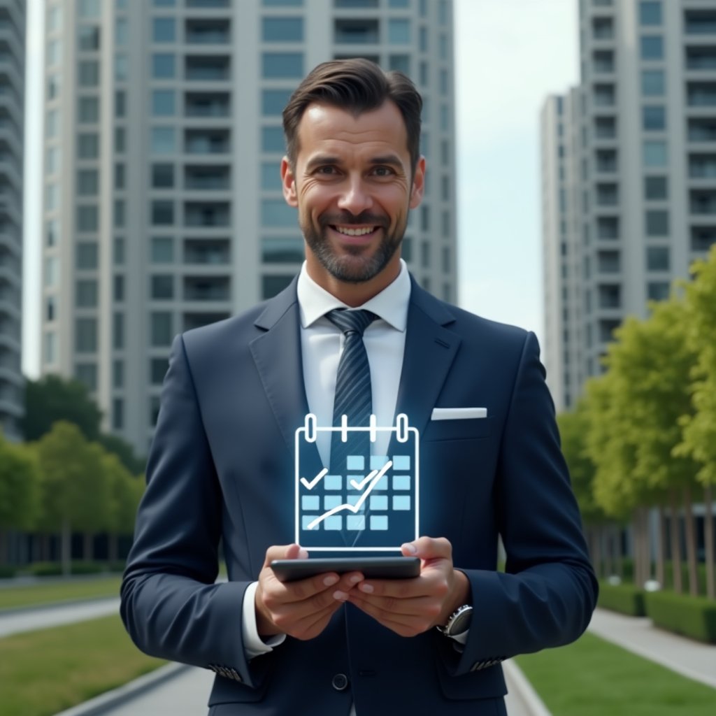 (Ultra-realistic condominium manager in a navy suit, set in a modern luxury condominium environment with high-rise buildings and green landscaping, holding a tablet displaying a floating calendar hologram with checkmarks to symbolize an organized activity schedule, confident and focused expression, cinematic lighting, shallow depth of field, highly detailed textures, realistic skin, photographic realism, 8k resolution --ar 1:1 --v 6)