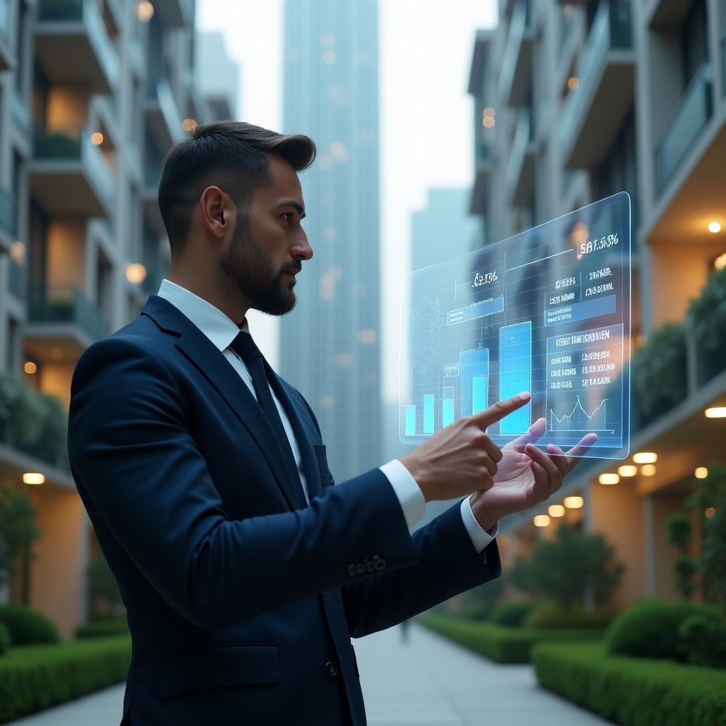 (Ultra-realistic condominium property manager in a tailored navy suit, set in a modern luxury condominium environment with high-rise buildings and manicured green landscaping, medium shot with shallow depth of field, the manager studying holographic financial charts and expense icons floating before them, confidently pointing at a projected budget breakdown, cinematic lighting, highly detailed textures, realistic skin, photographic realism, 8k resolution --ar 1:1 --v 6)