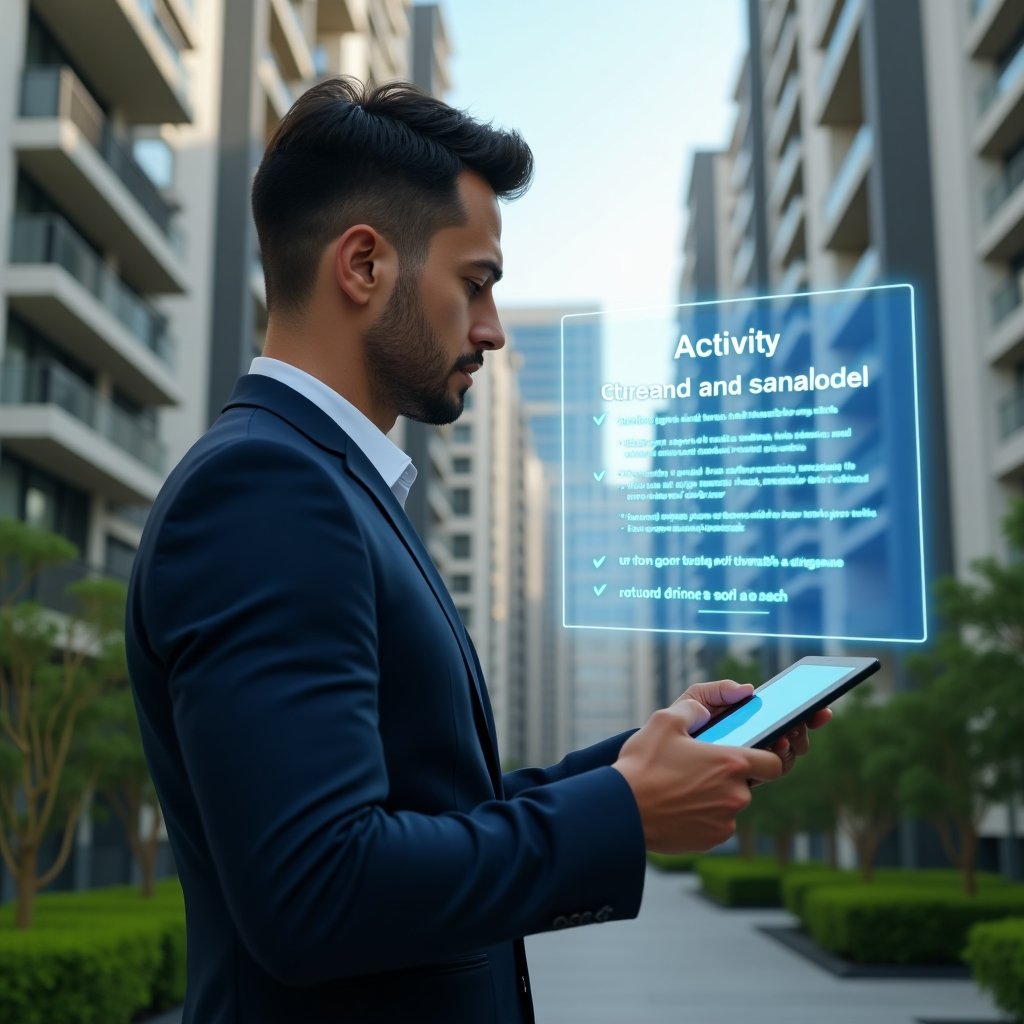 (Ultra-realistic condominium manager in a navy executive suit, set in a modern luxury condominium environment with high-rise buildings and manicured green landscaping, holding a tablet displaying a holographic activity schedule, confidently reviewing a floating checklist of maintenance, cleaning and meeting tasks, cinematic lighting, shallow depth of field, highly detailed textures, realistic skin, photographic realism, 8k resolution --ar 1:1 --v 6)