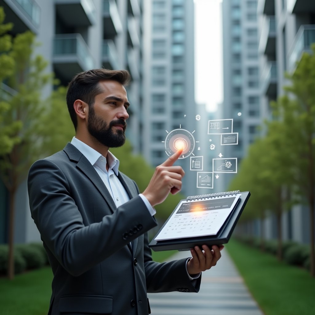 (Ultra-realistic property manager in a charcoal gray suit, set in a modern luxury condominium environment with high-rise buildings and lush green landscaping, holding a holographic maintenance schedule and confidently tapping on floating calendar icons representing planned tasks, subtle holographic gears and check marks glowing around, cinematic lighting, shallow depth of field, highly detailed textures, realistic skin, photographic realism, 8k resolution --ar 1:1 --v 6)