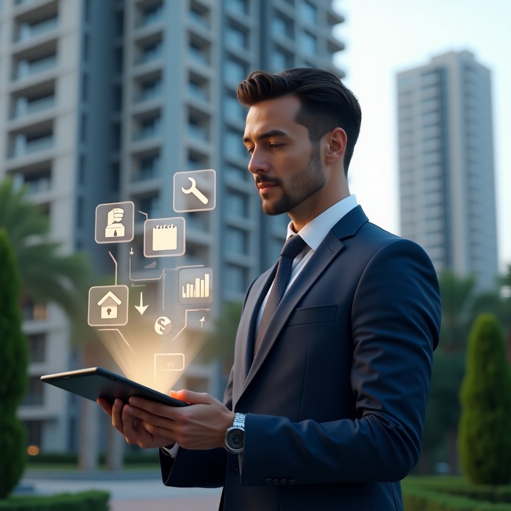 (Ultra-realistic condominium manager in a sleek navy-blue suit, set in a modern luxury condominium environment with high-rise buildings and manicured green landscaping, holding a digital tablet displaying a holographic maintenance schedule calendar, thoughtful and confident expression, floating icons of an assembly gavel, wrench, and cost-saving graph around them, cinematic lighting, shallow depth of field, highly detailed textures, realistic skin, photographic realism, 8k resolution --ar 1:1 --v 6)