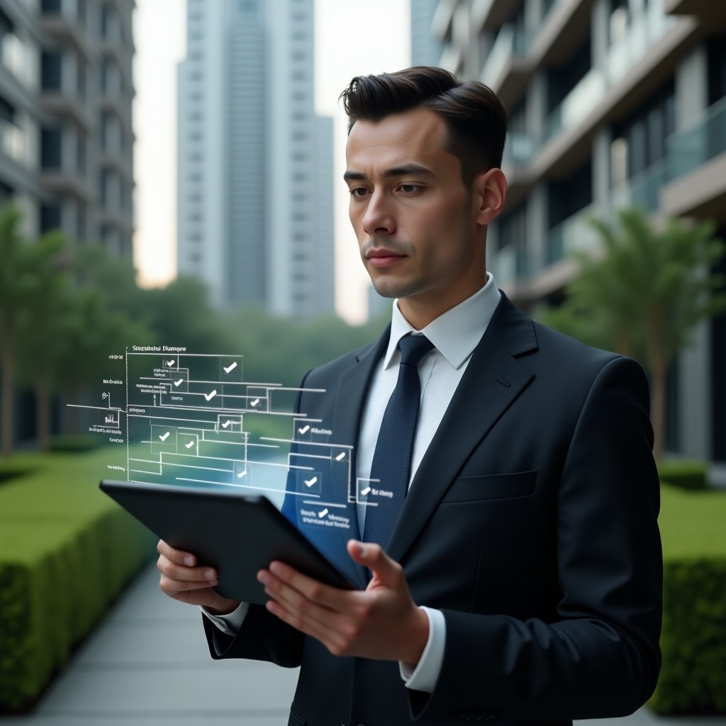 Ultra-realistic condominium manager in a sleek dark suit, set in a modern luxury condominium environment with high-rise buildings and lush green landscaping, holding a tablet displaying a holographic activity schedule timeline, floating calendar icons and task checkmarks around, confident and focused expression, cinematic lighting, shallow depth of field, highly detailed textures, realistic skin, photographic realism, 8k resolution --ar 1:1 --v 6