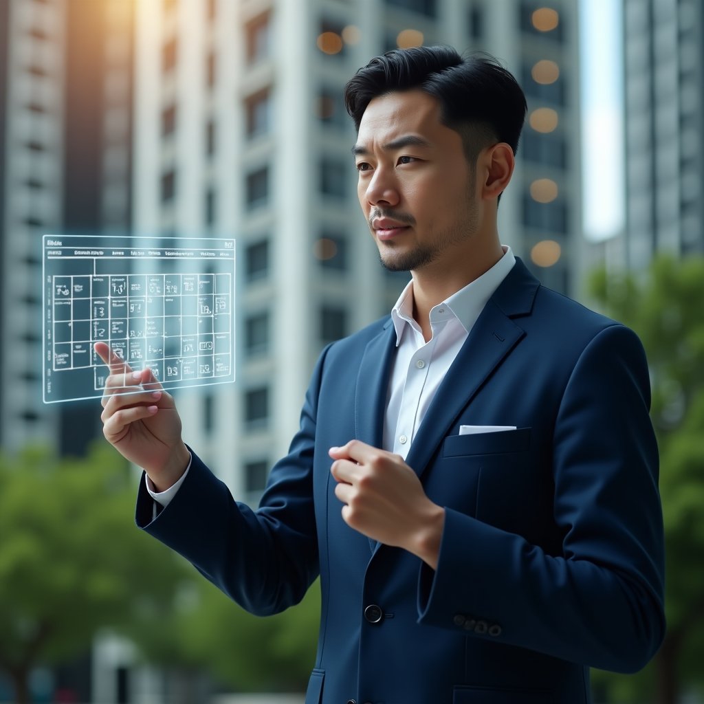(Ultra-realistic condominium manager in a navy blue suit, set in a modern luxury condominium environment with high-rise buildings and lush green landscaping, confidently interacting with a floating holographic schedule grid displaying calendar icons and checkmarks, cinematic lighting, shallow depth of field, highly detailed textures, realistic skin, photographic realism, 8k resolution --ar 1:1 --v 6)