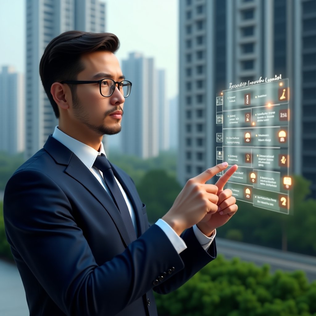 (Ultra-realistic condominium manager in a navy suit, set in a modern luxury condominium environment with high-rise buildings and lush green landscaping, medium close-up of a confident manager pointing at a holographic calendar with floating schedule entries and checklist icons symbolizing efficient task planning, cinematic lighting, shallow depth of field, highly detailed textures, realistic skin, photographic realism, 8k resolution --ar 1:1 --v 6)