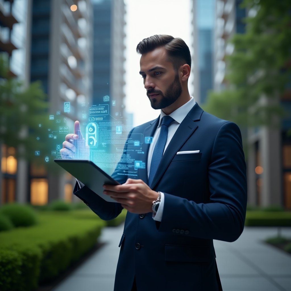 Ultra-realistic condominium manager in a navy executive suit, set in a modern luxury condominium environment with high-rise buildings and lush green landscaping, holding a digital tablet projecting a holographic task schedule and timeline, confidently pointing at glowing calendar icons and checkmarks floating around, cinematic lighting, shallow depth of field, highly detailed textures, realistic skin, photographic realism, 8k resolution --ar 1:1 --v 6