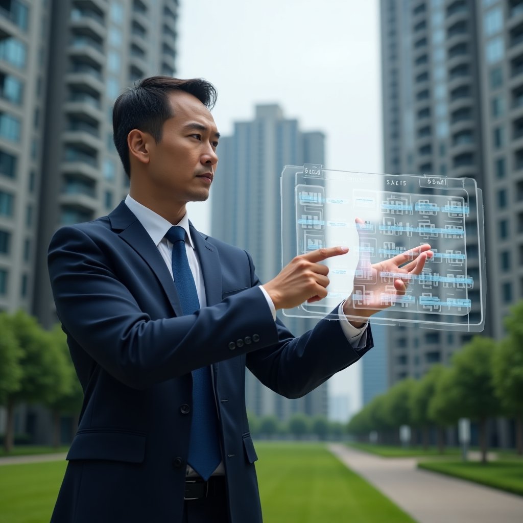 (Ultra-realistic condominium manager in a tailored navy suit, set in a modern luxury condominium environment with high-rise buildings and manicured green landscaping, holding a transparent holographic calendar schedule and confidently pointing at upcoming tasks, surrounded by floating maintenance and cost-saving icons, cinematic lighting, shallow depth of field, highly detailed textures, realistic skin, photographic realism, 8k resolution --ar 1:1 --v 6)