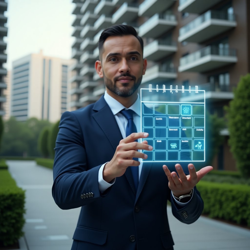 Ultra-realistic condominium manager in a navy blue tailored suit, set in a modern luxury condominium environment with high-rise buildings and lush green landscaping, medium shot of a confident professional interacting with a floating holographic calendar displaying maintenance, assembly and audit icons, cinematic lighting, shallow depth of field, highly detailed textures, realistic skin, photographic realism, 8k resolution --ar 1:1 --v 6