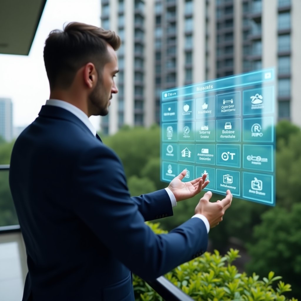 Ultra-realistic condominium manager in a navy suit, set in a modern luxury condominium environment with high-rise buildings and lush green landscaping, confidently interacting with a holographic activity schedule calendar displaying maintenance and event icons, cinematic lighting, shallow depth of field, highly detailed textures, realistic skin, photographic realism, 8k resolution --ar 1:1 --v 6