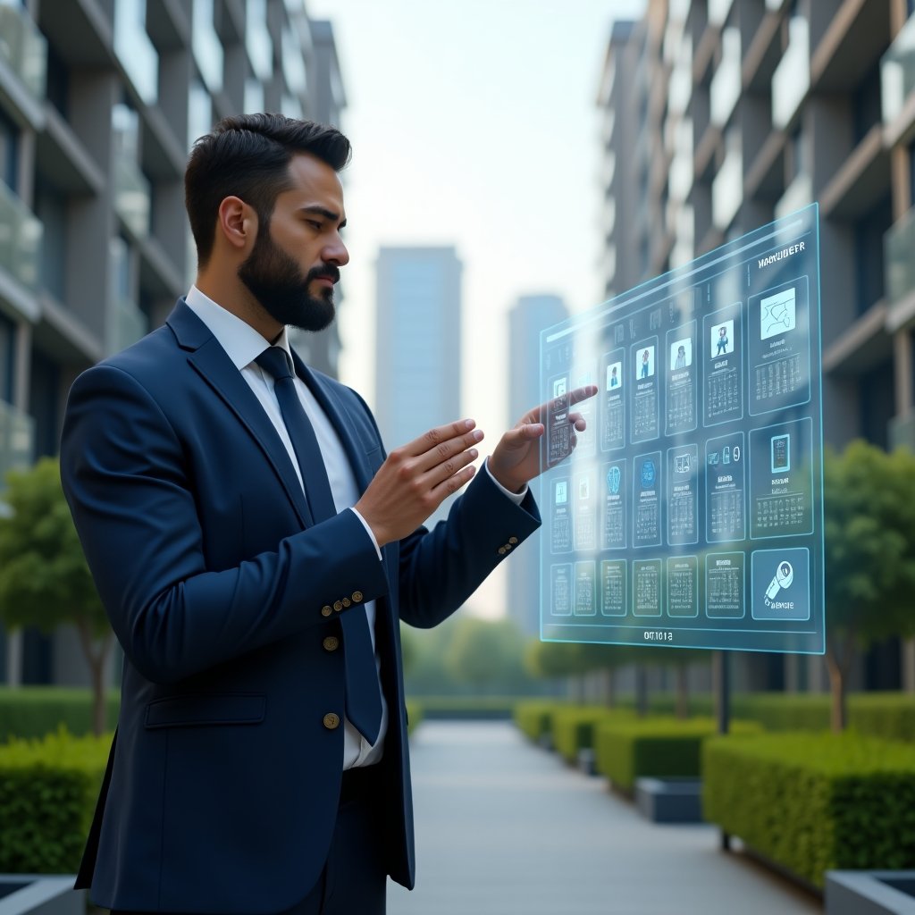 (Ultra-realistic condominium manager in a navy blue suit, set in a modern luxury condominium environment with high-rise buildings and meticulously landscaped greenery, confidently interacting with a holographic annual schedule grid, floating calendar icons and maintenance tool symbols around them, cinematic lighting, shallow depth of field, highly detailed textures, realistic skin, photographic realism, 8k resolution --ar 1:1 --v 6)