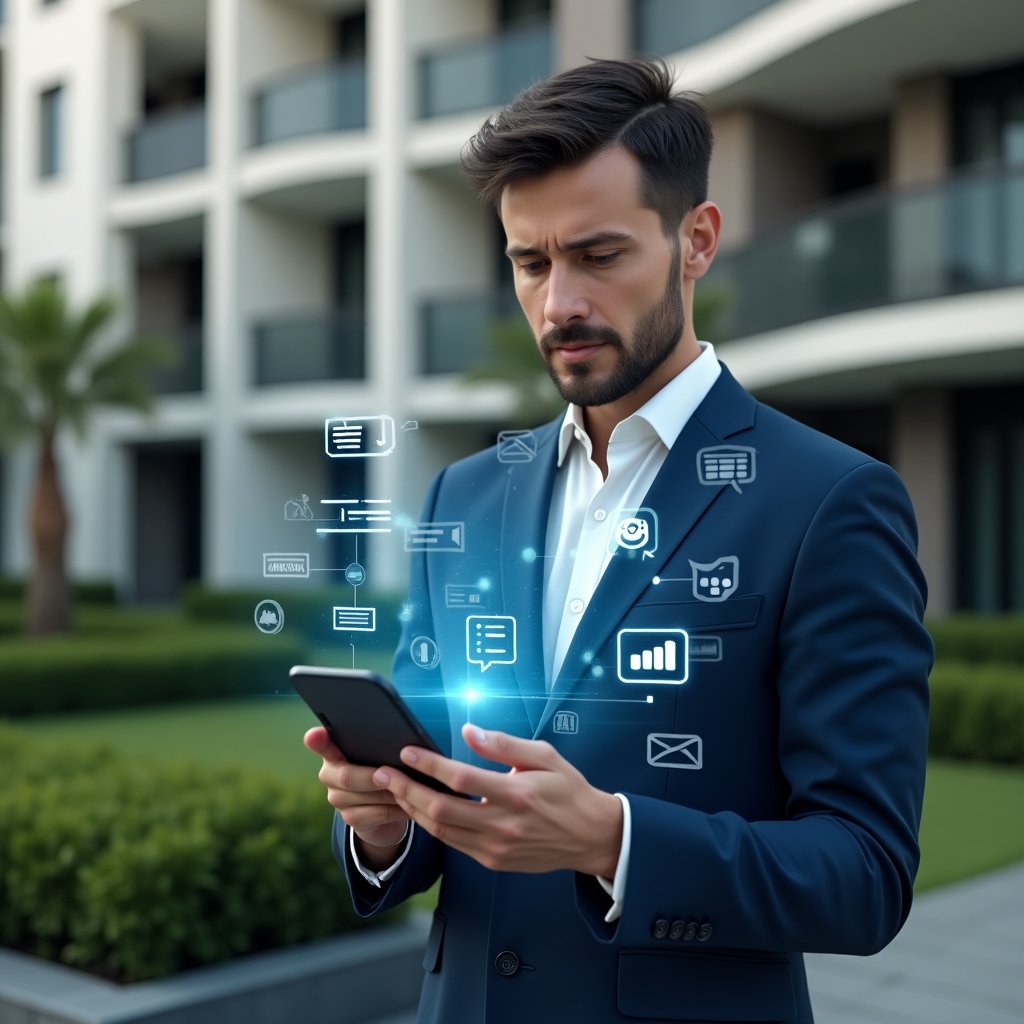 Ultra-realistic property manager in a navy blue executive suit, set in a modern luxury condominium environment with high-rise buildings and manicured green landscaping, holding a floating holographic smartphone interface displaying communication bubbles, financial charts, and reservation calendar icons, analyzing the app layout with a confident, focused expression, cinematic lighting, shallow depth of field, highly detailed textures, realistic skin, photographic realism, 8k resolution --ar 1:1 --v 6