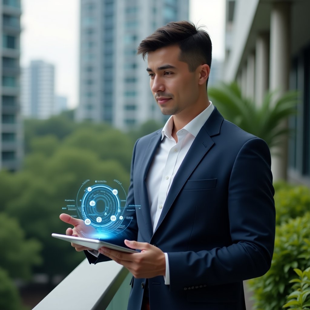 Ultra-realistic condominium manager in a tailored navy suit, set in a modern luxury condominium environment with high-rise buildings and lush green landscaping, holding a tablet displaying a holographic **aplicativo para condomínio** interface with task and notification icons, confident and focused expression, symbolizing agile and efficient management, cinematic lighting, shallow depth of field, highly detailed textures, realistic skin, photographic realism, 8k resolution --ar 1:1 --v 6