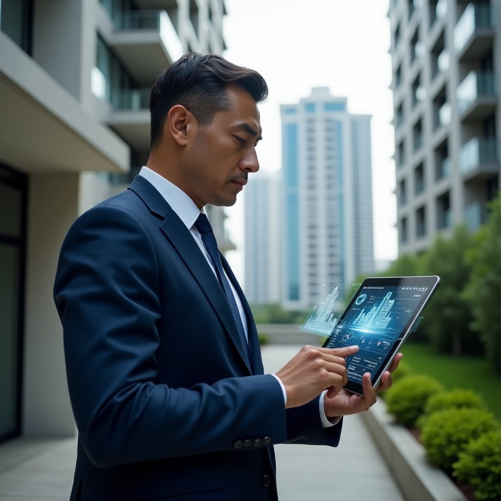 (Ultra-realistic condominium manager in a navy blue tailored suit, set in a modern luxury condominium environment with high-rise buildings and manicured green landscaping, holding a tablet displaying holographic app interface with building icons and financial charts, confidently analyzing the data, cinematic lighting, shallow depth of field, highly detailed textures, realistic skin, photographic realism, 8k resolution --ar 1:1 --v 6)