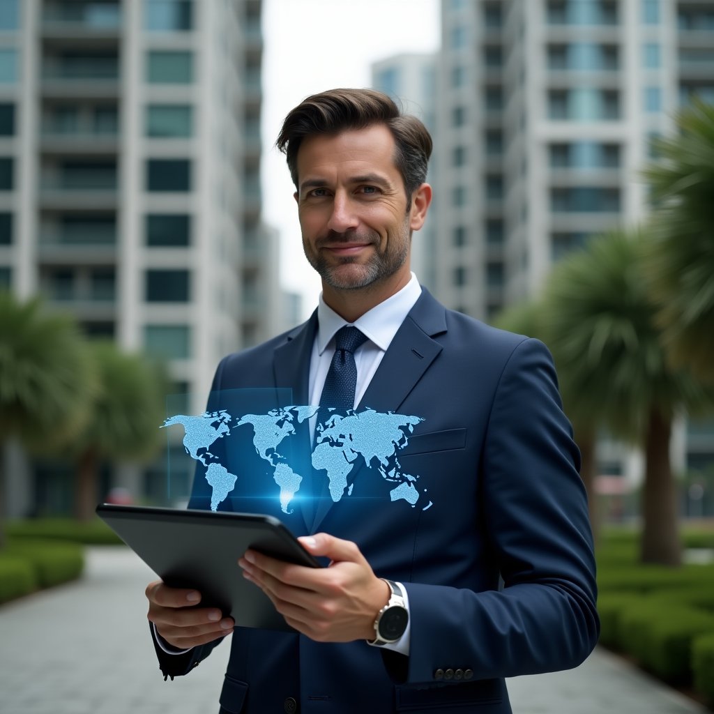 Ultra-realistic condo manager in a navy blue suit, set in a modern luxury condominium environment with high-rise buildings and lush green landscaping, holding a tablet displaying a holographic interface of management app charts and icons for communication, finance and reservations, confident and focused expression, cinematic lighting, shallow depth of field, highly detailed textures, realistic skin, photographic realism, 8k resolution --ar 1:1 --v 6