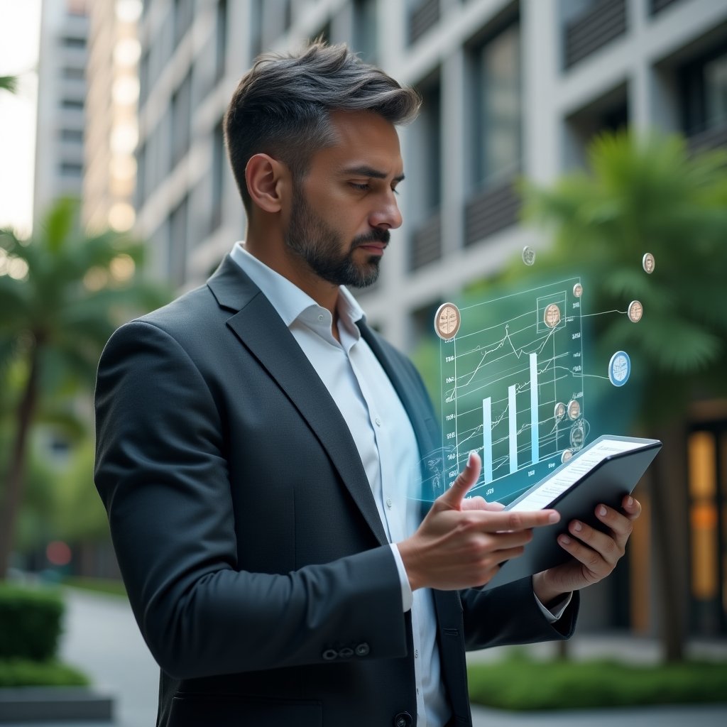 (Ultra-realistic condominium manager in a charcoal gray suit, set in a modern luxury condominium environment with high-rise buildings and lush green landscaping, holding a tablet displaying a holographic financial chart, confidently analyzing expense breakdowns, floating icons of coins and graphs around him, cinematic lighting, shallow depth of field, highly detailed textures, realistic skin, photographic realism, 8k resolution --ar 1:1 --v 6)