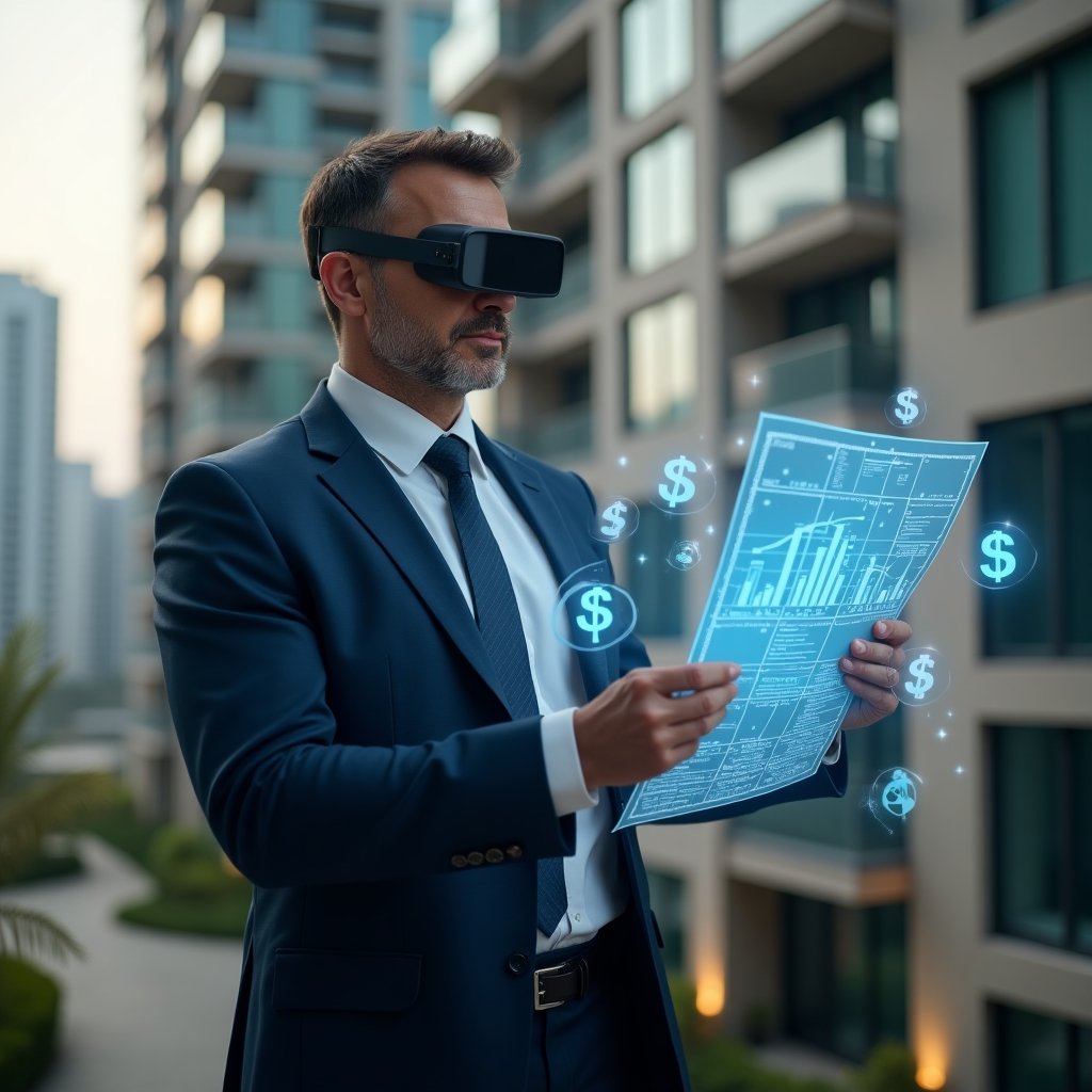 (Ultra-realistic condominium manager in a navy executive suit, set in a modern luxury condominium environment with high-rise buildings and manicured gardens, holding and examining a holographic budget breakdown with blueprint overlays, confident and focused expression, floating icons of dollar signs and approval stamps around the scene, cinematic lighting, shallow depth of field, highly detailed textures, realistic skin, photographic realism, 8k resolution --ar 1:1 --v 6)