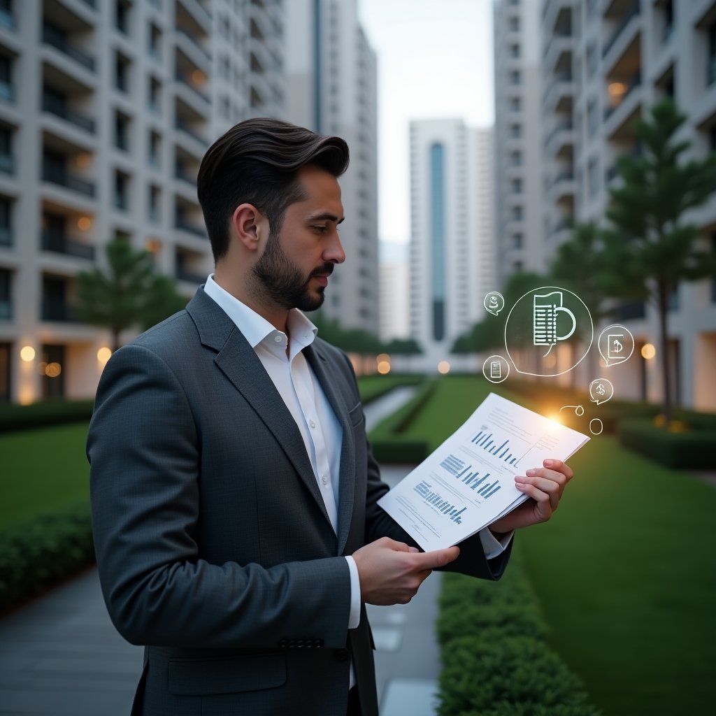 (Ultra-realistic condominium property manager in a charcoal gray suit, set in a modern luxury condominium environment with high-rise buildings and manicured green landscaping, holding a digital holographic budget chart while reviewing documents, glowing holographic pie chart and invoice icons floating beside them, conveying confidence and transparency, cinematic lighting, shallow depth of field, highly detailed textures, realistic skin, photographic realism, 8k resolution --ar 1:1 --v 6)
