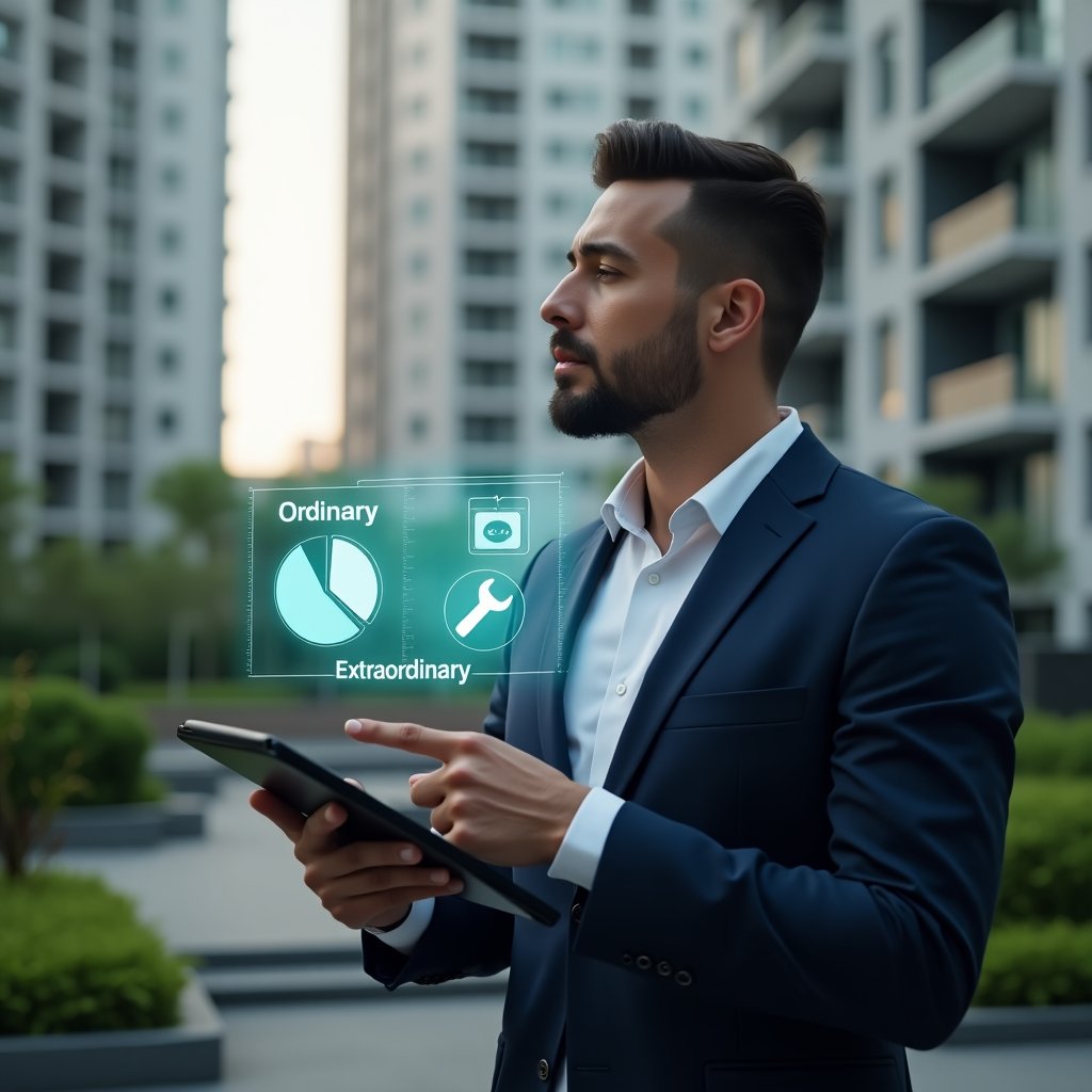 (Ultra-realistic condominium manager in a tailored navy suit, set in a modern luxury condominium environment with high-rise buildings and lush green landscaping, holding a tablet that displays holographic pie charts labeled “Ordinary” and “Extraordinary” expenses, pointing thoughtfully at floating icons of a wrench and emergency alert symbol, cinematic lighting, shallow depth of field, highly detailed textures, realistic skin, photographic realism, 8k resolution --ar 1:1 --v 6)