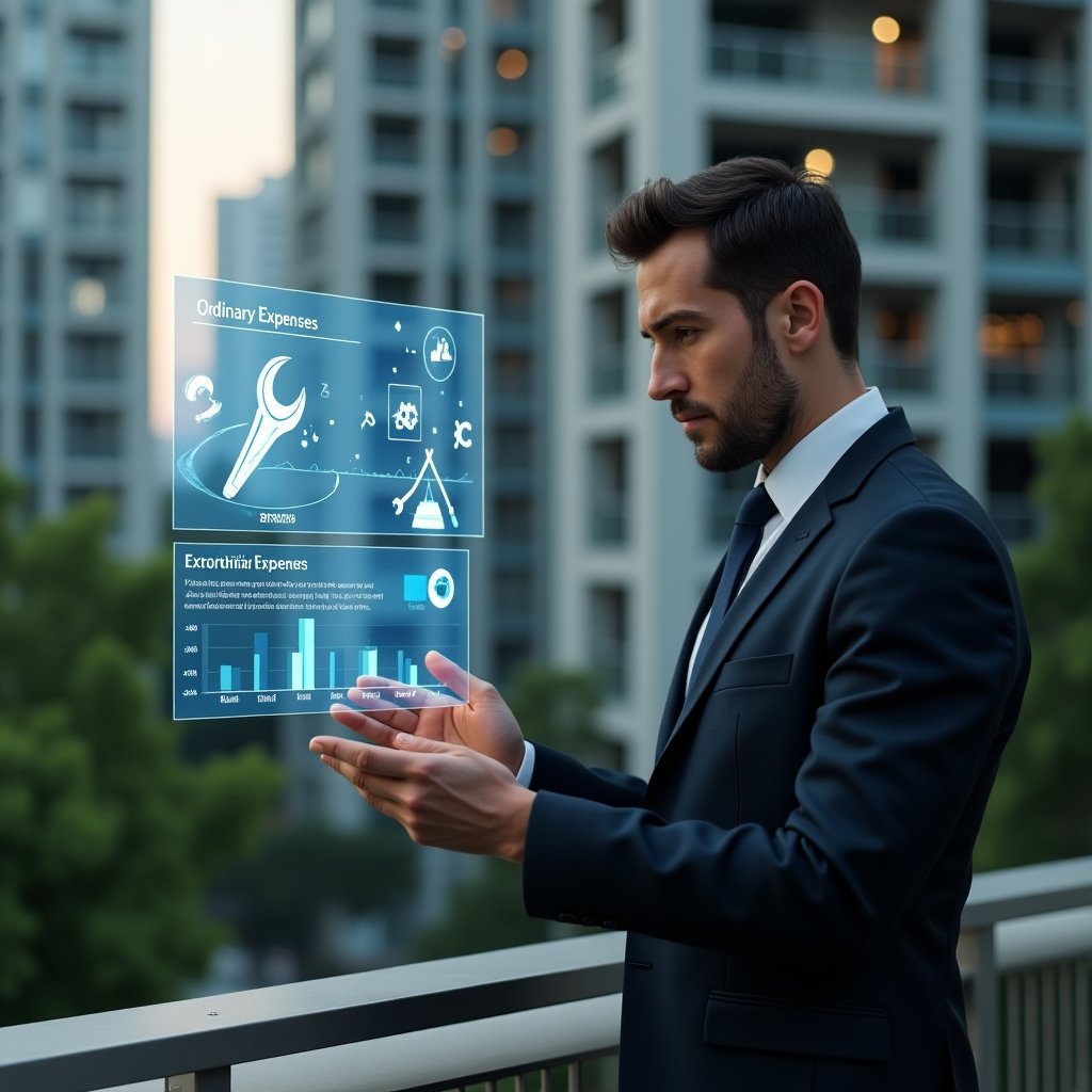 (Ultra-realistic condominium manager in a dark tailored suit, set in a modern luxury condominium environment with high-rise buildings and green landscaping, analyzing a holographic financial dashboard that highlights “Ordinary Expenses” and “Extraordinary Expenses” in contrasting colors, floating icons of a mop and wrench representing routine vs. unexpected costs, cinematic lighting, shallow depth of field, highly detailed textures, realistic skin, photographic realism, 8k resolution --ar 1:1 --v 6)