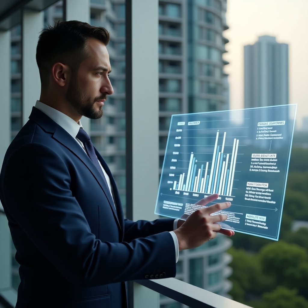 Ultra-realistic condominium manager in a navy business suit, set in a modern luxury condominium environment with high-rise buildings and manicured green landscaping, analyzing a holographic financial dashboard displaying separate bar charts for ordinary vs extraordinary expenses with a thoughtful, confident expression, cinematic lighting, shallow depth of field, highly detailed textures, realistic skin, photographic realism, 8k resolution --ar 1:1 --v 6