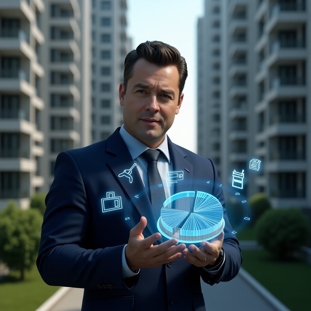 Ultra-realistic condominium manager in a navy blue suit, set in a modern luxury condominium environment with high-rise buildings and green landscaping, holding a digital holographic pie chart split into ordinary vs extraordinary expenses, analyzing financial data, floating holographic icons of cleaning equipment and repair tools, confident and focused expression, cinematic lighting, shallow depth of field, highly detailed textures, realistic skin, photographic realism, 8k resolution --ar 1:1 --v 6