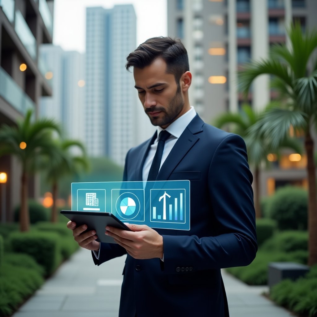 Ultra-realistic condominium manager in a navy executive suit, set in a modern luxury condominium environment with high-rise buildings and meticulously landscaped gardens, holding a tablet displaying holographic pie charts and icons of routine maintenance tools versus emergency repair symbols, confidently analyzing budget breakdown, cinematic lighting, shallow depth of field, highly detailed textures, realistic skin, photographic realism, 8k resolution --ar 1:1 --v 6