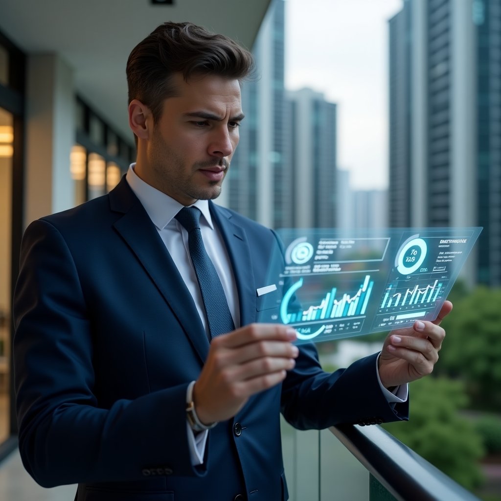 Ultra-realistic condominium manager in a dark blue suit, set in a modern luxury condominium environment with high-rise buildings and green landscaping, analyzing holographic financial charts displaying ordinary versus extraordinary expenses, with glowing pie charts and labeled coin stacks, confident and focused expression, cinematic lighting, shallow depth of field, highly detailed textures, realistic skin, photographic realism, 8k resolution --ar 1:1 --v 6