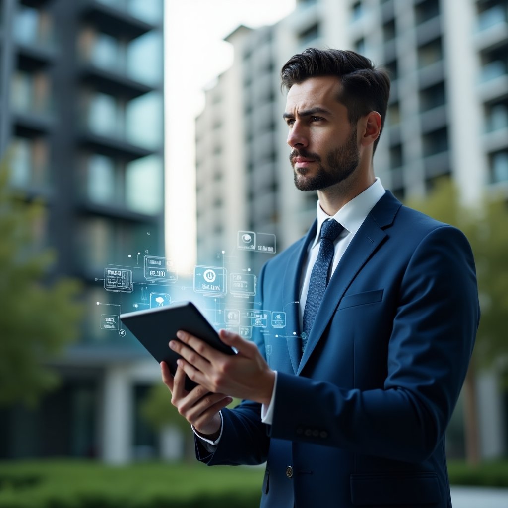 Ultra-realistic condo manager in a navy blue executive suit, set in a modern luxury condominium environment with high-rise buildings and green landscaping, holding a tablet projecting a holographic condominium management app interface with cost-reduction and transparency icons, analyzing digital charts with a confident expression, cinematic lighting, shallow depth of field, highly detailed textures, realistic skin, photographic realism, 8k resolution --ar 1:1 --v 6