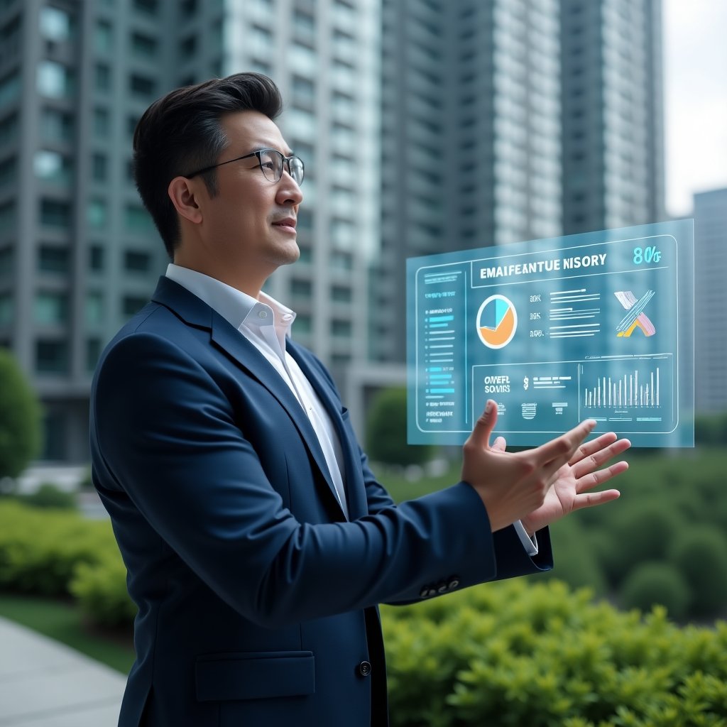 Ultra-realistic condominium manager in a navy blue business suit, set in a modern luxury condominium environment with high-rise buildings and well-manicured green landscaping, mid shot of a confident manager interacting with a floating holographic digital dashboard displaying charts, mobile app icons, reservation calendar and financial graphs, cinematic lighting, shallow depth of field, highly detailed textures, realistic skin, photographic realism, 8k resolution --ar 1:1 --v 6
