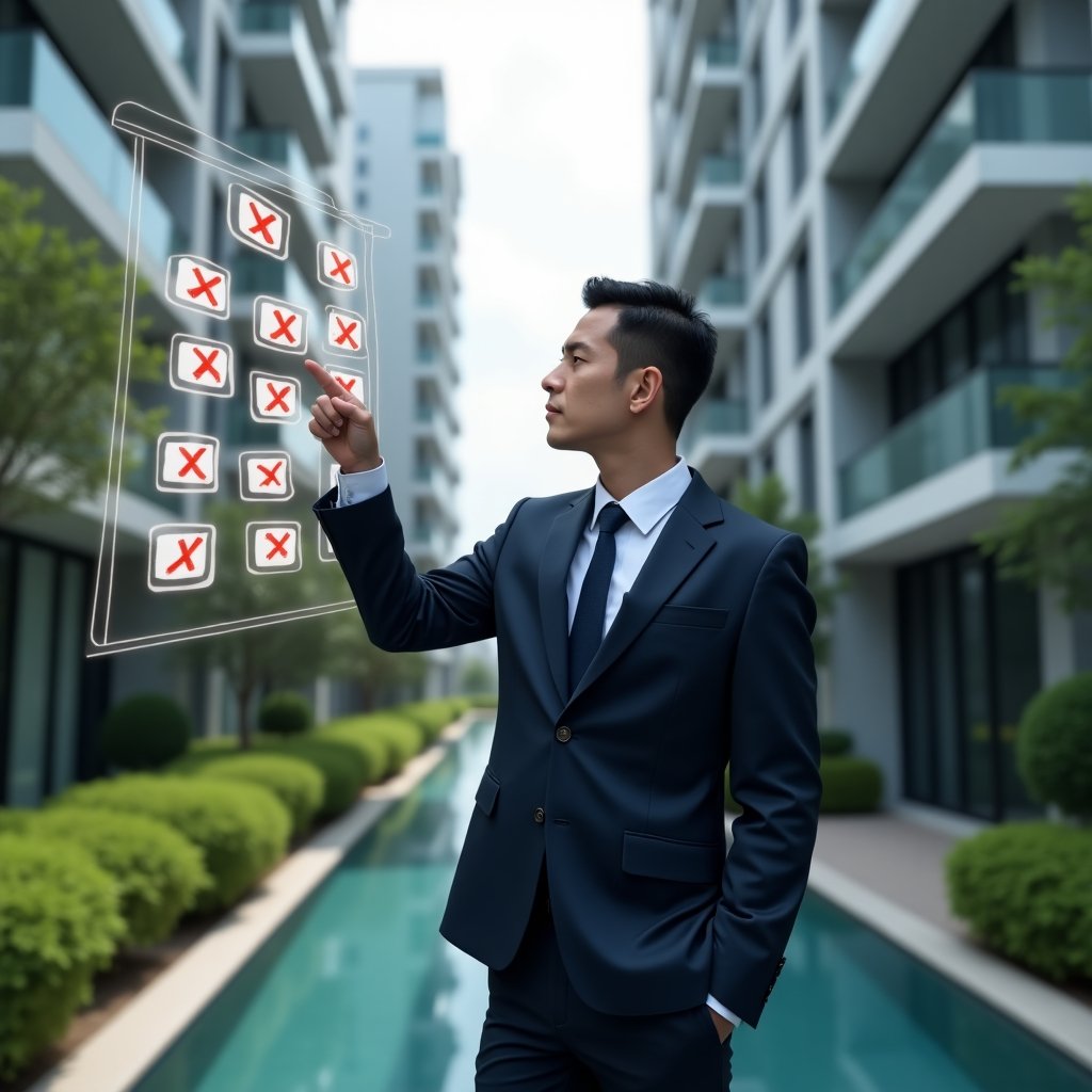 (Ultra-realistic condominium manager in a tailored navy suit, set in a modern luxury condominium environment with high-rise buildings and lush green landscaping, reviewing a holographic checklist displaying ten crossed-out errors, confident expression as they point at floating icons of finances, people and processes, cinematic lighting, shallow depth of field, highly detailed textures, realistic skin, photographic realism, 8k resolution --ar 1:1 --v 6)