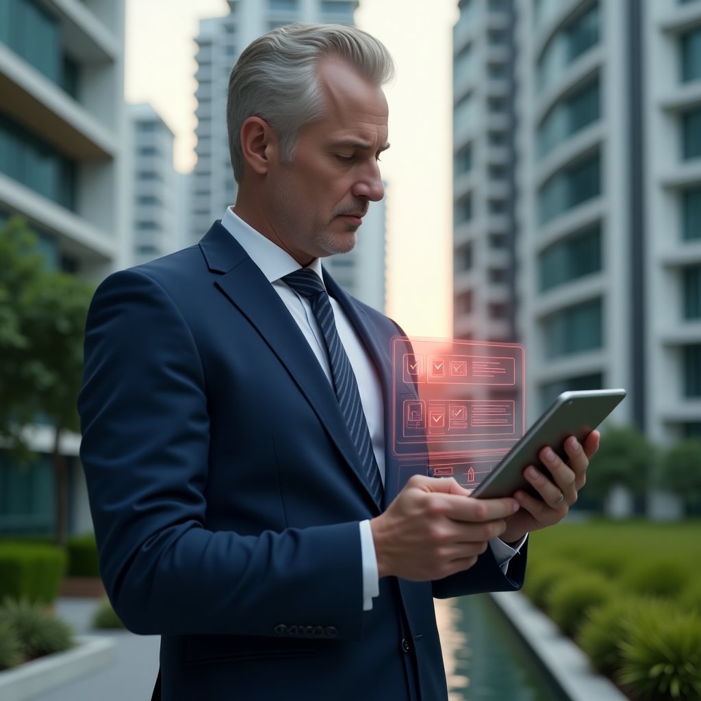(Ultra-realistic condominium manager in a navy blue suit, set in a modern luxury condominium environment with high-rise buildings and lush green landscaping, thoughtfully examining a digital tablet displaying red warning icons and holographic checklist, cinematic lighting, shallow depth of field, highly detailed textures, realistic skin, photographic realism, 8k resolution --ar 1:1 --v 6)