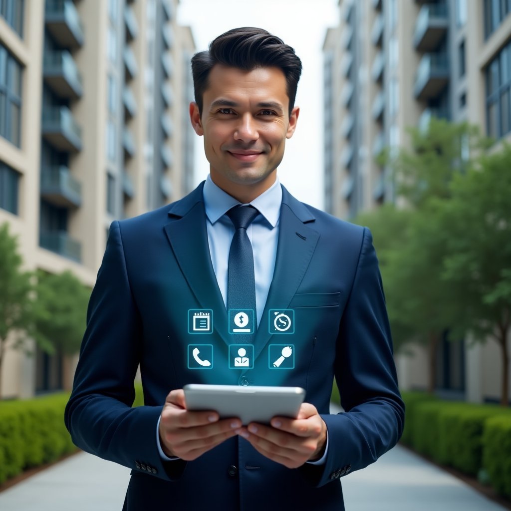 (Ultra-realistic property manager in a navy blue executive suit, set in a modern luxury condominium environment with high-rise buildings and manicured green landscaping, holding a transparent tablet displaying holographic app icons for calendar, access control, finance and maintenance, confident and focused expression, cinematic lighting, shallow depth of field, highly detailed textures, realistic skin, photographic realism, 8k resolution --ar 1:1 --v 6)