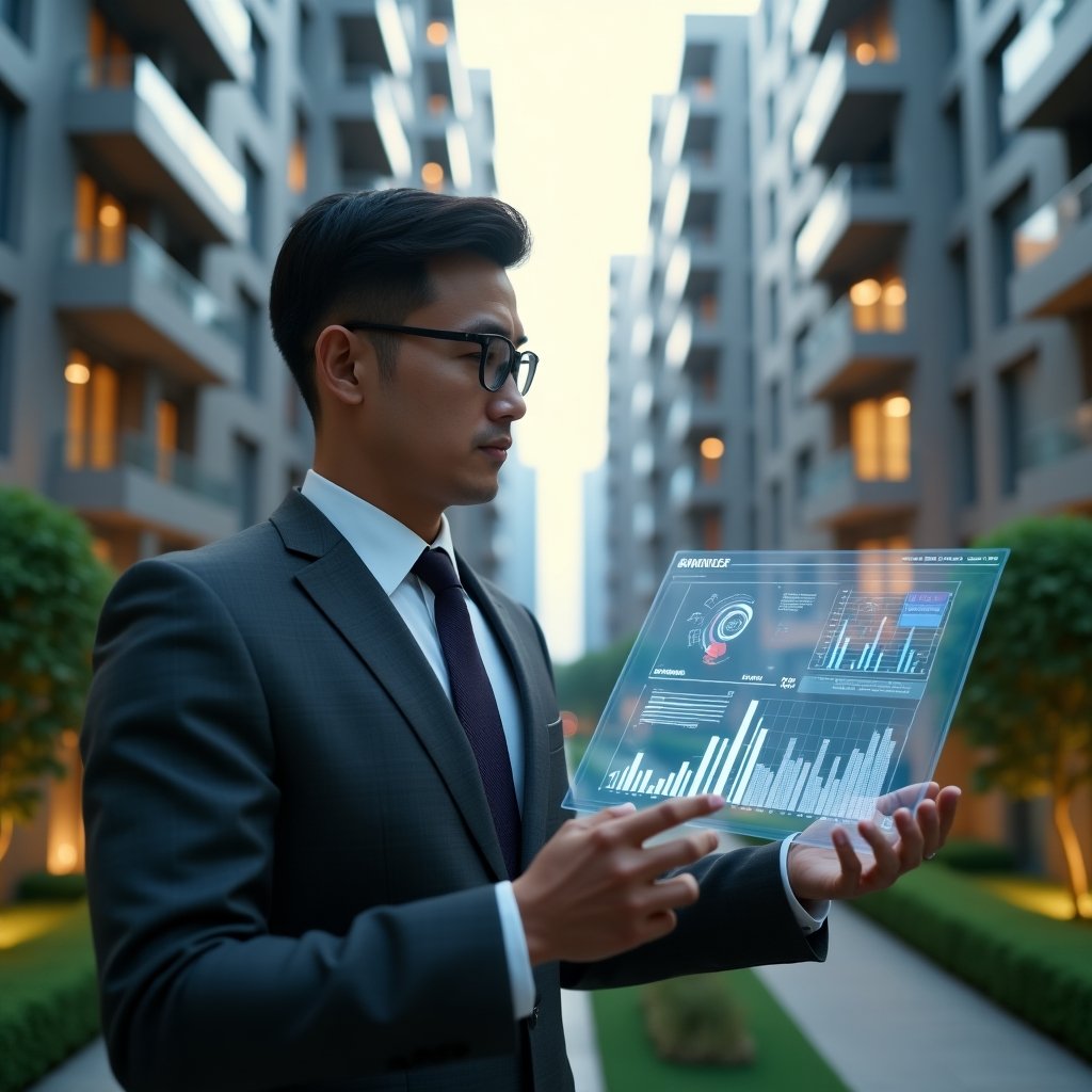 Ultra-realistic condominium manager in a dark gray tailored suit, set in a modern luxury condominium environment with high-rise buildings and meticulously landscaped gardens, examining a floating holographic financial dashboard displaying cost-cutting charts and maintenance icons, confident expression, cinematic lighting, shallow depth of field, highly detailed textures, realistic skin, photographic realism, 8k resolution --ar 1:1 --v 6