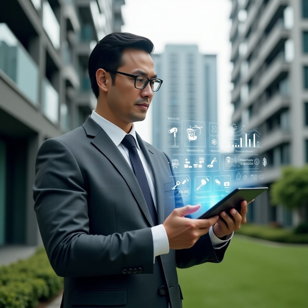 (Ultra-realistic condominium manager in a charcoal gray executive suit, set in a modern luxury condominium environment with high-rise buildings and meticulously landscaped gardens, holding a digital tablet and thoughtfully analyzing holographic charts of maintenance and cleaning cost reductions, floating icons of cleaning tools and gear symbols surrounding them, confident and focused expression, cinematic lighting, shallow depth of field, highly detailed textures, realistic skin, photographic realism, 8k resolution --ar 1:1 --v 6)