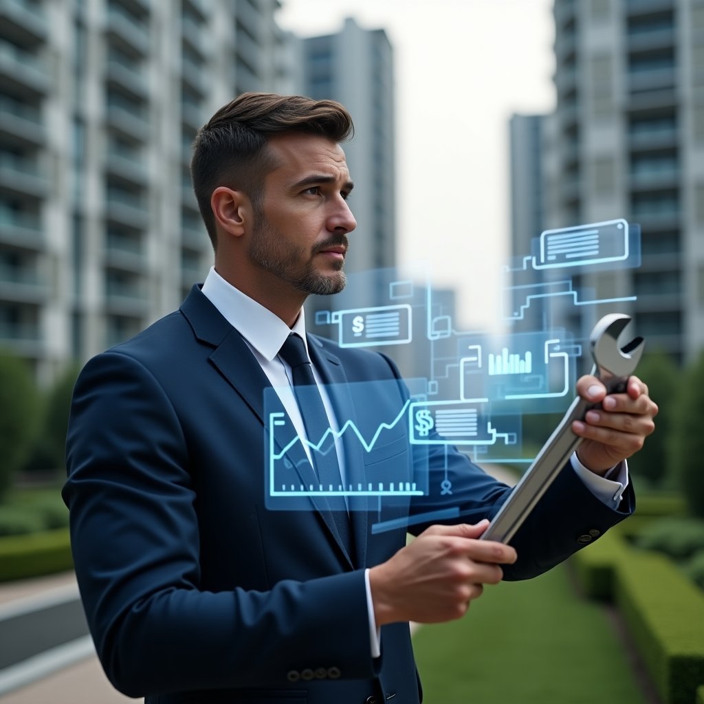 Ultra-realistic condominium manager in a navy suit, set in a modern luxury condominium environment with high-rise buildings and manicured green landscaping, examining holographic financial charts and chat icons while holding a digital wrench symbolizing maintenance, confident and focused expression, cinematic lighting, shallow depth of field, highly detailed textures, realistic skin, photographic realism, 8k resolution --ar 1:1 --v 6