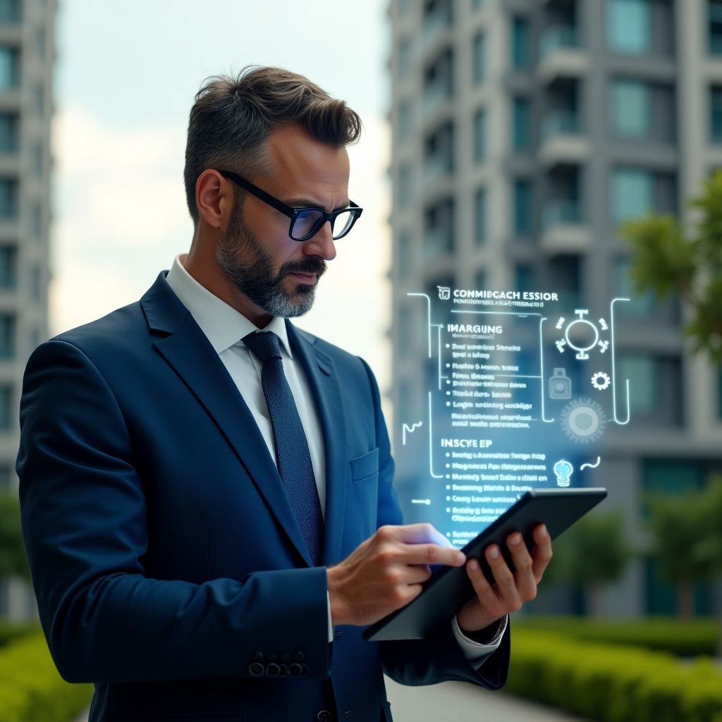 Ultra-realistic condominium manager in a navy blue executive suit, set in a modern luxury condominium environment with high-rise buildings and manicured green landscaping, examining a holographic checklist of common management errors with a thoughtful, confident expression, floating warning icons and gear symbols beside him, cinematic lighting, shallow depth of field, highly detailed textures, realistic skin, photographic realism, 8k resolution --ar 1:1 --v 6