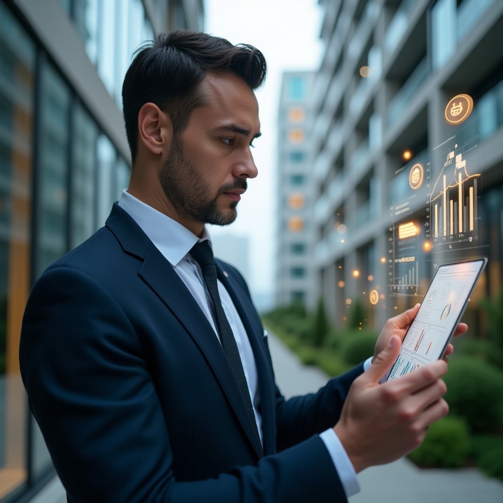 Ultra-realistic condominium manager in a tailored dark blue suit, set in a modern luxury condominium environment with high-rise buildings and manicured green landscaping, mid-shot close-up of the manager analyzing floating holographic financial reports and bar charts, confident and focused expression, holographic icons of coins and ledgers swirling around, cinematic lighting, shallow depth of field, highly detailed textures, realistic skin, photographic realism, 8k resolution --ar 1:1 --v 6
