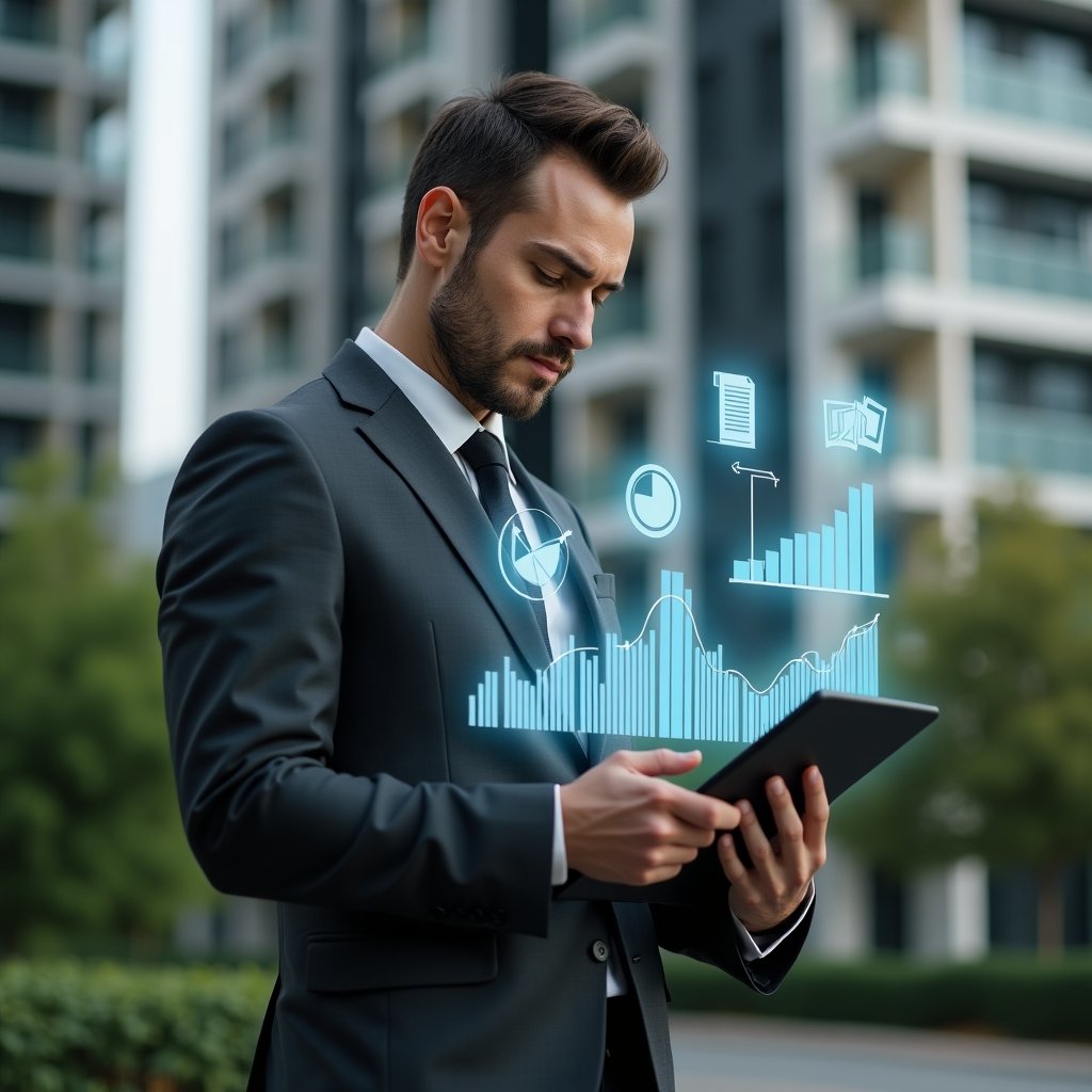 Ultra-realistic condominium manager in a tailored charcoal suit, set in a modern luxury condominium environment with high-rise buildings and lush green landscaping, analyzing holographic financial charts projected from a tablet, thoughtful and confident expression, floating icons of pie charts and receipts around, cinematic lighting, shallow depth of field, highly detailed textures, realistic skin, photographic realism, 8k resolution --ar 1:1 --v 6