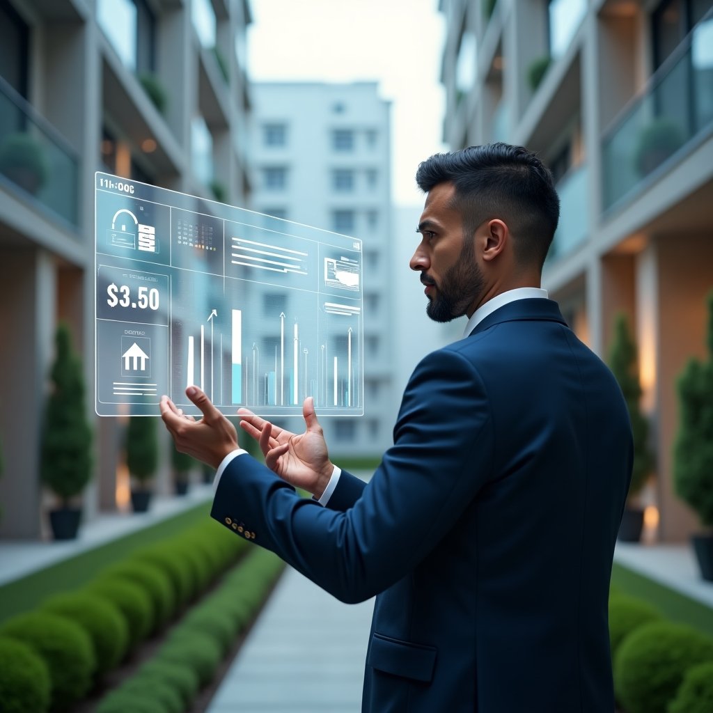 (Ultra-realistic condominium manager in a tailored navy suit, set in a modern luxury condominium environment with high-rise buildings and manicured green landscaping, mid shot of the manager confidently analyzing a holographic financial dashboard with floating expense charts and icons symbolizing cost control and transparency, cinematic lighting, shallow depth of field, highly detailed textures, realistic skin, photographic realism, 8k resolution --ar 1:1 --v 6)