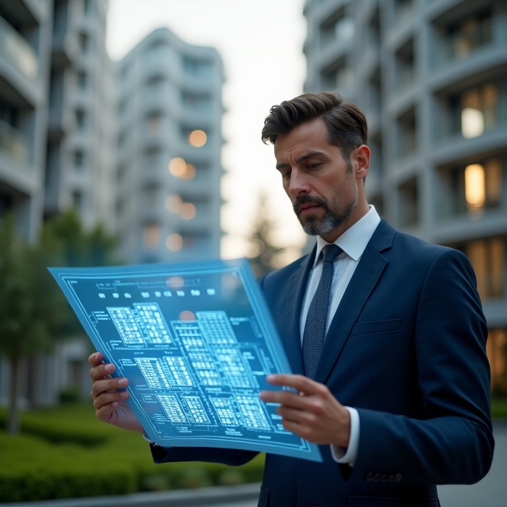 (Ultra-realistic condominium manager in a navy suit, set in a modern luxury condominium environment with high-rise buildings and well-manicured green landscaping, holding a holographic 3D blueprint of building units with highlighted fraction ideal percentages, analyzing the hologram with a confident, thoughtful expression, cinematic lighting, shallow depth of field, highly detailed textures, realistic skin, photographic realism, 8k resolution --ar 1:1 --v 6)