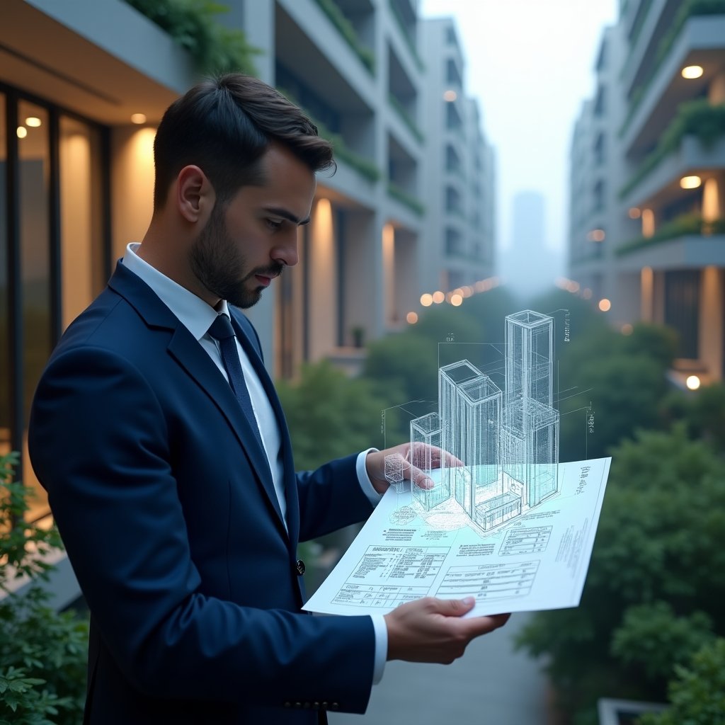 (Ultra-realistic condominium manager in a navy blue suit, set in a modern luxury condominium environment with high-rise buildings and lush green landscaping, thoughtfully analyzing a holographic building blueprint with overlaid fractional percentage charts, symbolizing “fração ideal” calculations, cinematic lighting, shallow depth of field, highly detailed textures, realistic skin, photographic realism, 8k resolution --ar 1:1 --v 6)