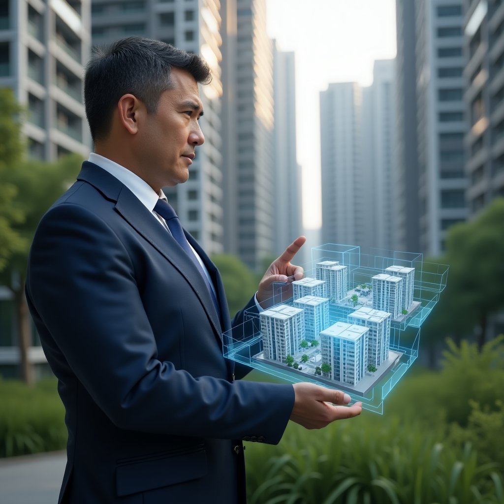 Ultra-realistic condominium manager in a tailored navy suit, set in a modern luxury condominium environment with high-rise buildings and lush green landscaping, confidently pointing at a holographic pie chart overlaying an architectural model of apartments to illustrate ideal fraction values, thoughtful expression, cinematic lighting, shallow depth of field, highly detailed textures, realistic skin, photographic realism, 8k resolution --ar 1:1 --v 6