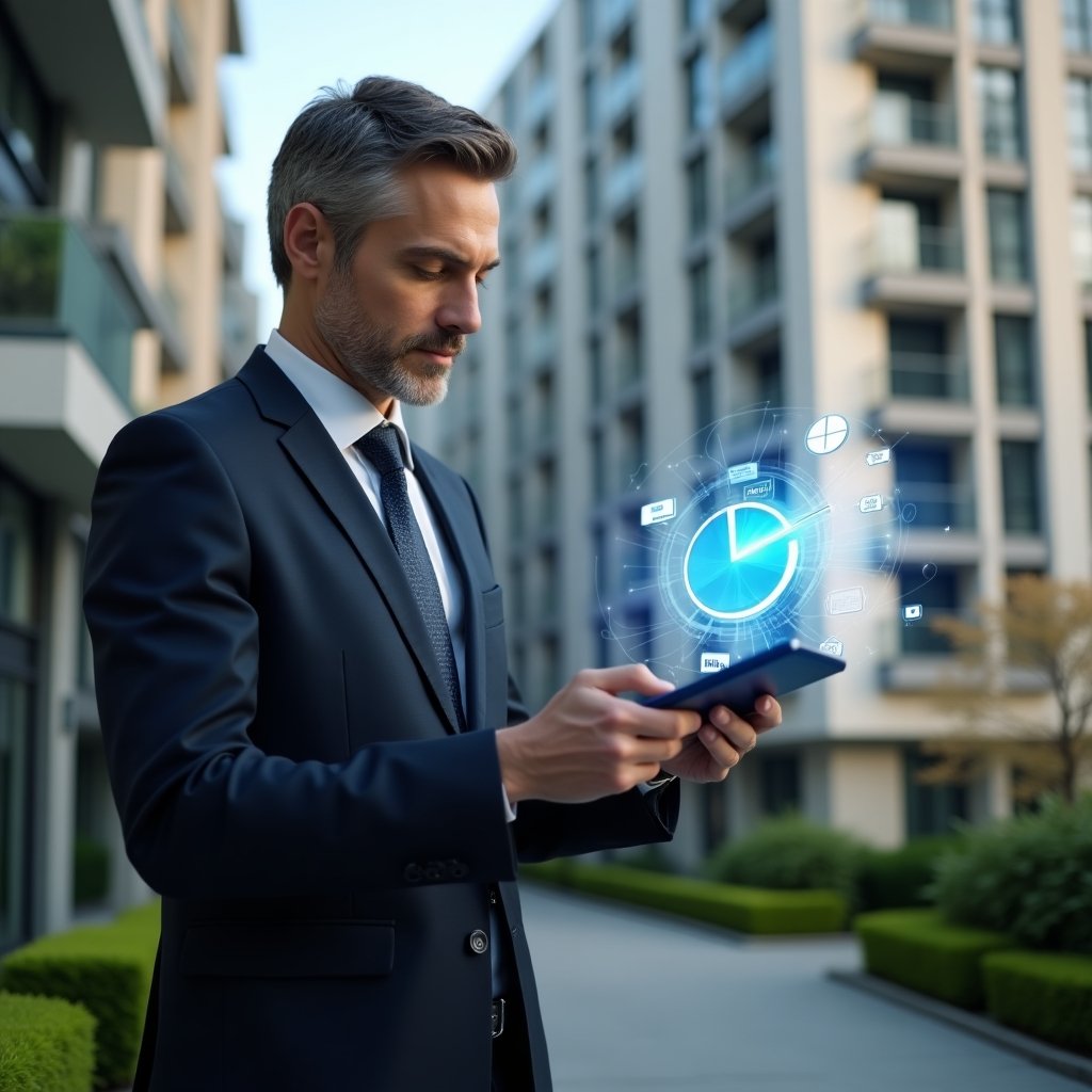 Ultra-realistic building manager in a dark navy suit, set in a modern luxury condominium environment with high-rise buildings and manicured green landscaping, analyzing a floating holographic pie chart and percentage symbols that represent ideal fractions, confident and focused expression, cinematic lighting, shallow depth of field, highly detailed textures, realistic skin, photographic realism, 8k resolution --ar 1:1 --v 6