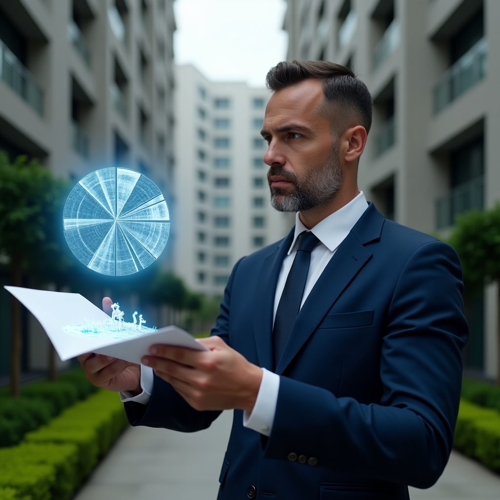 (Ultra-realistic condominium manager in a navy blue tailored suit, set in a modern luxury condominium environment with high-rise buildings and manicured green landscaping, analyzing a holographic 3D pie chart of fractional ownership floating before them with a digital floor-plan blueprint in hand, confident and thoughtful expression, cinematic lighting, shallow depth of field, highly detailed textures, realistic skin, photographic realism, 8k resolution --ar 1:1 --v 6)